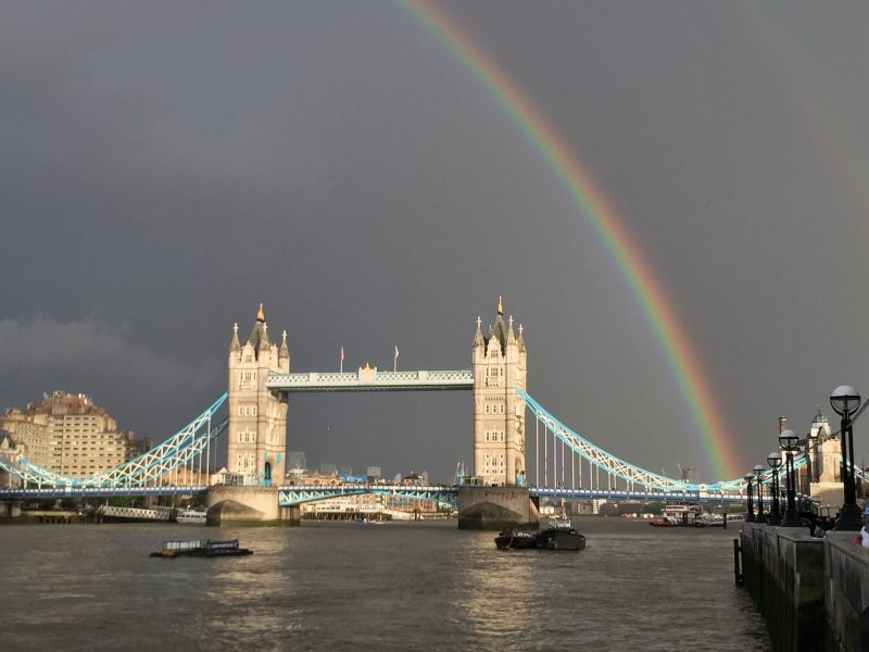 The Tower Bridge with a rainbow